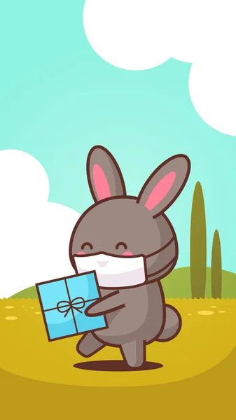 Conejo celebración presente caja con máscara facial para prevenir coronavirus feliz Pascua conejito etiqueta engomada — Vector de stock