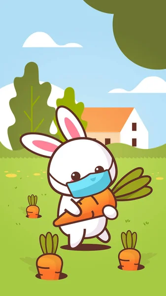 Conejo sosteniendo zanahoria usando mascarilla para prevenir coronavirus feliz etiqueta engomada conejito de Pascua — Vector de stock