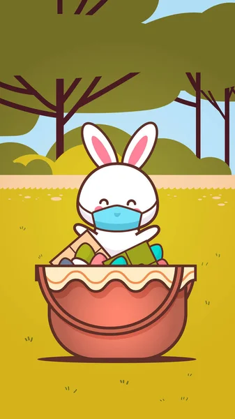 Lindo conejo cerca de la cesta con huevos usando máscara para evitar coronavirus feliz etiqueta engomada conejo de Pascua — Vector de stock