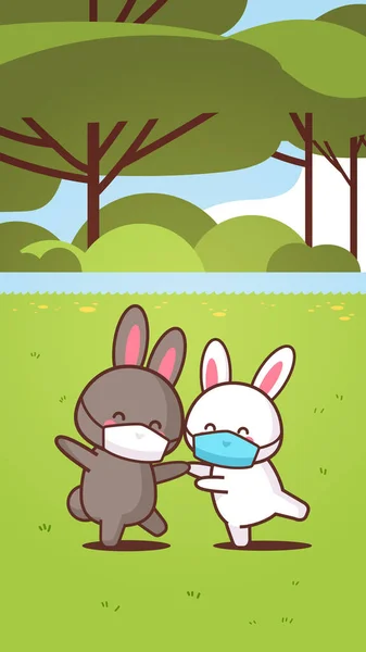 Lindo conejos pareja usando máscara para evitar coronavirus feliz Pascua conejitos divertirse primavera — Vector de stock