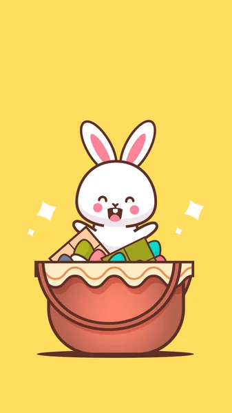 Mignon lapin assis dans le panier avec oeufs heureux lapin de Pâques autocollant printemps vacances concept — Image vectorielle