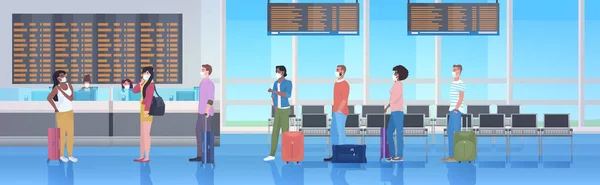Mezclar los viajeros de raza con el equipaje con máscaras para evitar coronavirus pandemia aeropuerto terminal interior — Vector de stock