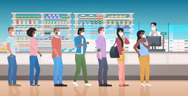Pharmacien donnant des pilules aux clients patients debout file d'attente pharmacie comptoir pharmacie intérieur — Image vectorielle