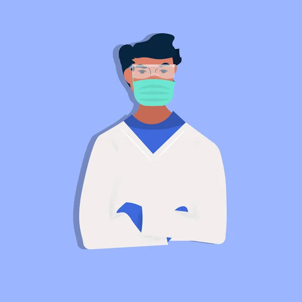 Medico chirurgo in maschera protettiva e guanti medico ospedaliero in uniforme — Vettoriale Stock