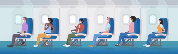 Koronavirüs covid-19 salgınını önlemek için tıbbi maske takan uçak yolcuları — Stok Vektör