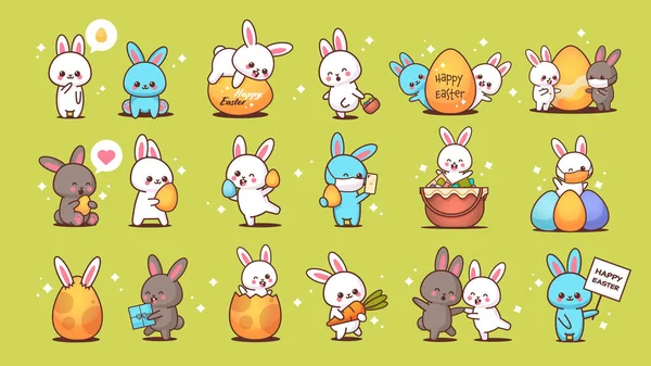 Ensemble lapins mignons heureux lapins de Pâques autocollants collection printemps vacances concept horizontal — Image vectorielle