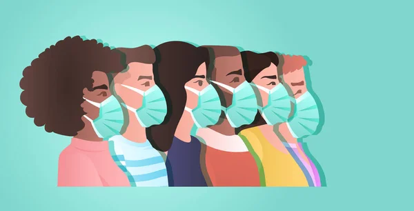 Мікс гонки людей в захисних масках проти коронавірусу захист зупинити пандемію коронавірусу — стоковий вектор