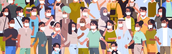 Skara människor bär medicinska masker nya coronavirus 2019-nCoV epidemisk sjukdom pandemisk karantän koncept män kvinnor står tillsammans porträtt horisontellt — Stock vektor