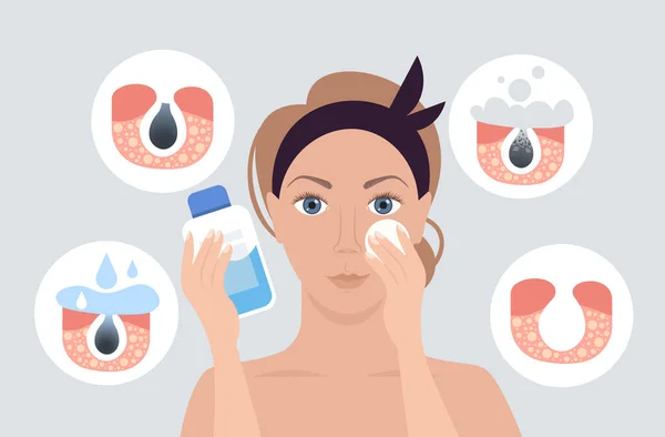 Mulher usando guardanapo limpeza poro limpeza facial procedimento no rosto entupido cuidados com a pele tratamento —  Vetores de Stock