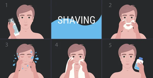 Pasos hombre guapo afeitarse con espuma y limpieza facial cuidado de la piel concepto retrato — Vector de stock