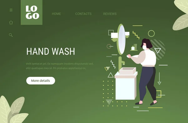 Mujer en mascarilla lavarse las manos con jabón coronavirus pandemia prevención concepto copia espacio — Vector de stock