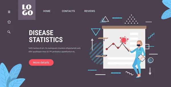 Lekarz w analizie maski zmniejszyć liczbę przypadków covid-19 wykres wykazujący ognisko koronawirusu — Wektor stockowy