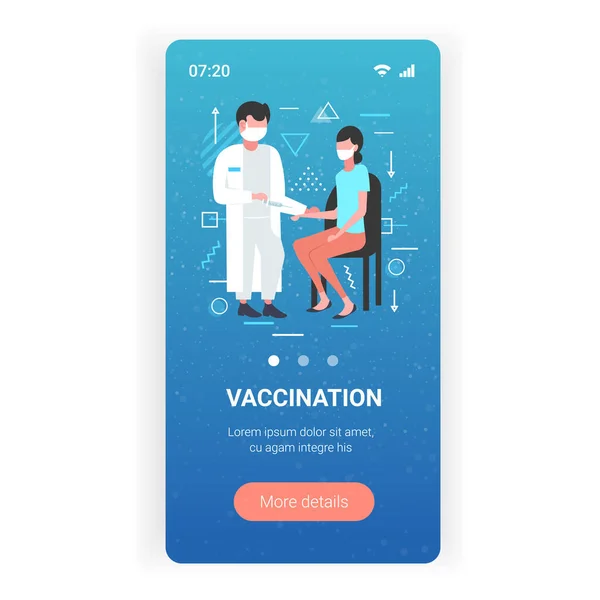 Läkare med spruta injicera vaccin skjuts till kvinna patient sluta coronavirus vaccinering koncept — Stock vektor