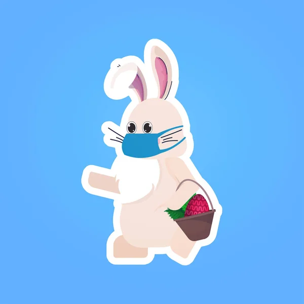 Coniglio in maschera contenente cesto con uova felice Pasqua vacanza primaverile coronavirus pandemia quarantena — Vettoriale Stock