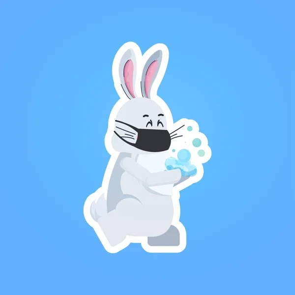 Кролик в маске мыть руки, чтобы предотвратить ковид-19 вирус счастливой Пасхи весенний праздник коронавируса пандемии — стоковый вектор