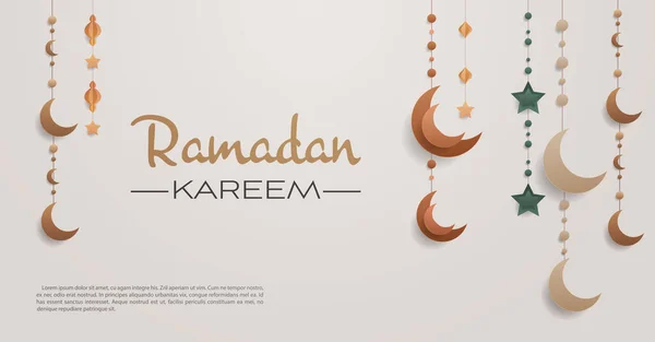 Ramadan kareem religión musulmana tarjeta de felicitación mes santo con lunas de colores y estrellas horizontales — Vector de stock