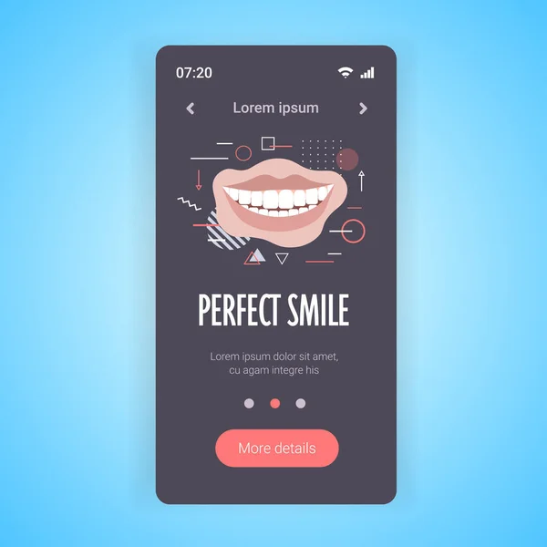 Çok güzel bir kadın gülümseyerek gülümsüyor. Diş bakımı ve diş beyazlatıcı akıllı telefon ekranı. — Stok Vektör