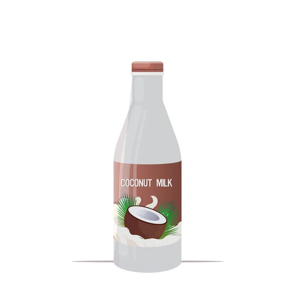 Végétalien noix de coco végétale bouteille en verre de lait biologique sans produits laitiers naturel cru lait végétalien sain boisson de vache alternative isolée — Image vectorielle