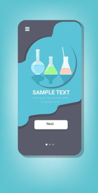 Kimyasal deney akıllı telefon ekranı mobil uygulama dikey kopyalama alanı için farklı sıvı laboratuvar cam ekipmanlarına sahip test tüpleri