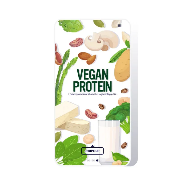 Ervas vegetais planta baseada leite tofu orgânico laticínios livre composição de alimentos crus naturais conceito de proteína vegan tela do smartphone espaço de cópia aplicativo móvel — Vetor de Stock