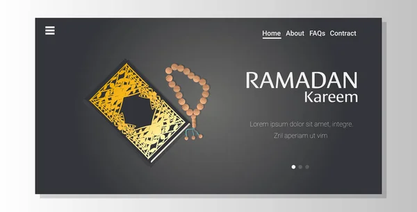 Ramadan kareem heilige maand religie concept islamitische koran en tasbih wenskaart horizontale kopieerruimte — Stockvector