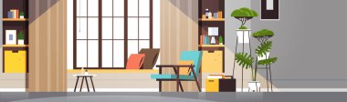 Modern boş oturma odası. Mobilyaları yatay olan insanların oturduğu bir daire yok.