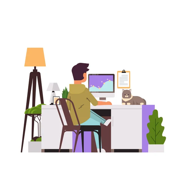 Man freelancer using computer monitor working at home during coronavirus quarantine freelance — Stock Vector