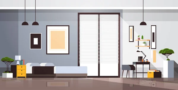 寝室のワークスペースキャビネット空の人のアパート家具付きのインテリアルーム水平方向 — ストックベクタ