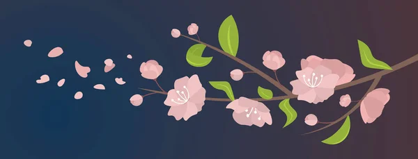 Rosa Sakura-Blüten mit Blättern auf blühenden Zweigen Frühling botanische Grußkarte horizontal — Stockvektor