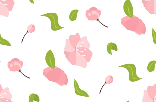 Bloeiende roze sakura bloemen met bladeren lente botanische wenskaart naadloos patroon horizontaal — Stockvector