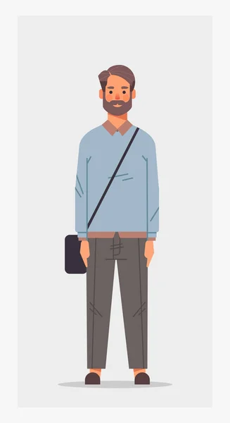 Homem casual com saco ofensivo personagem de desenho animado masculino em pé pose comprimento total vertical — Vetor de Stock
