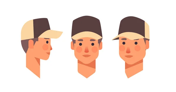 Set guy in cap head avatar front side view male character different views for animation horizontal — Stockový vektor
