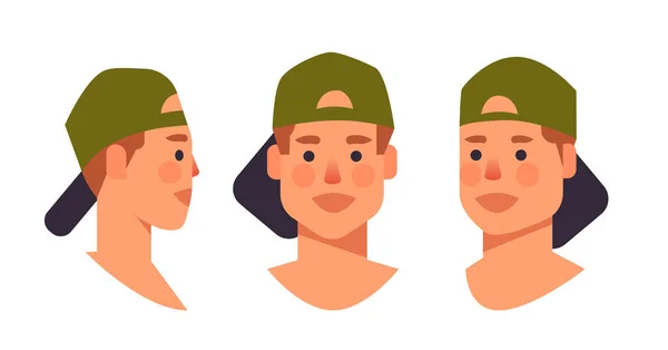 Set guy in cap head avatar front side view male character different views for animation horizontal — Stockový vektor