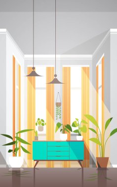 Modern boş oturma odası. Mobilyaları dikey olan insanların oturduğu bir daire yok.