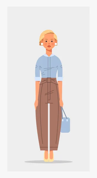 Atractiva mujer de negocios sosteniendo bolso personaje de dibujos animados femenino de pie pose de longitud completa vertical — Vector de stock