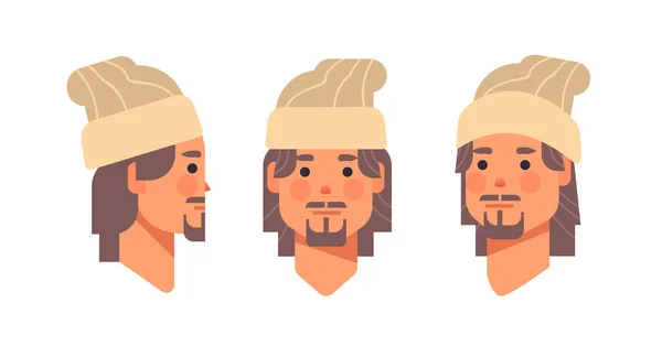 Set chico cabeza avatar vista frontal personaje de dibujos animados masculinos diferentes vistas para la animación horizontal retrato — Vector de stock