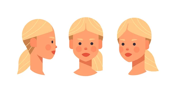 Установить голову девочки, вид спереди сбоку женский персонаж различные взгляды для анимации hontal — стоковый вектор