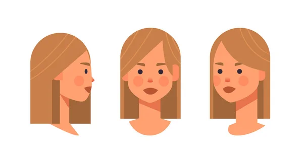 Sada dívka hlava avatar přední strana pohled žena znak různé zobrazení pro animace horizontální portrét — Stockový vektor