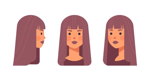 Sada dívka hlava avatar přední strana pohled žena znak různé zobrazení pro animace horizontální portrét — Stockový vektor