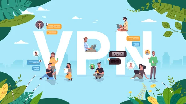 Personnes utilisant le réseau privé virtuel vpn pour la communication concept de cybersécurité et de confidentialité — Image vectorielle