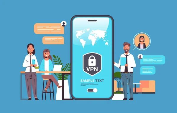 Επιχειρηματίες που χρησιμοποιούν εικονικό ιδιωτικό δίκτυο vpn για την έννοια της ασφάλειας στον κυβερνοχώρο επικοινωνίας — Διανυσματικό Αρχείο