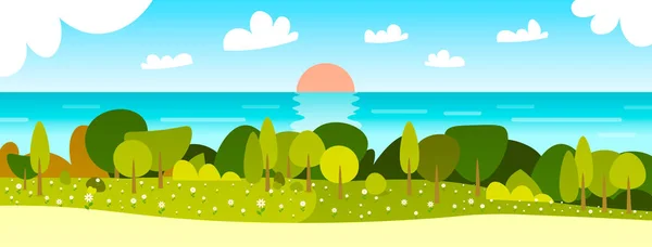 Beau paysage printanier avec coucher de soleil rivière et ciel bleu horizontal — Image vectorielle
