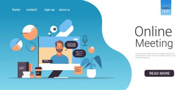 Bilgisayar monitöründeki iş adamı webinar video çağrısı çevrimiçi toplantı coronavirüs karantinası