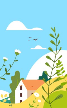 Bina tepeleri olan manzara çiçekler ve çiçek yaprakları dikey tebrik kartı.