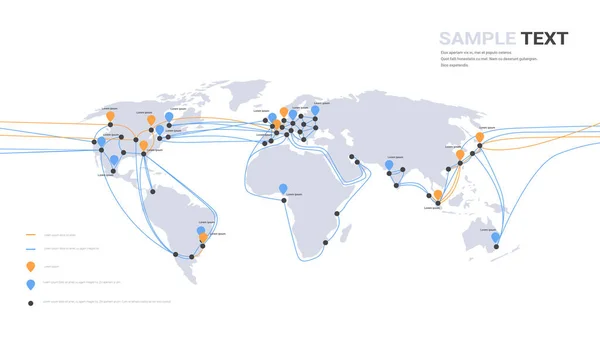 Globális hálózati kábelcsatlakozások és információátadási rendszer világtérkép-technológia — Stock Vector