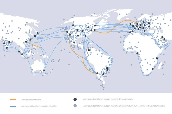 Conexiones globales de cable de red y tecnología de mapas del mundo del sistema de transferencia de información — Vector de stock