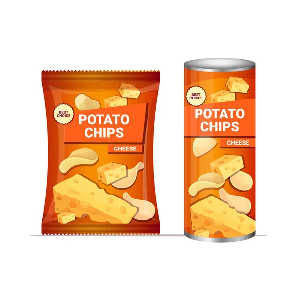 Potato chips with cheese flavor crisps natural potatoes and packaging advertising design template — Stock Vector