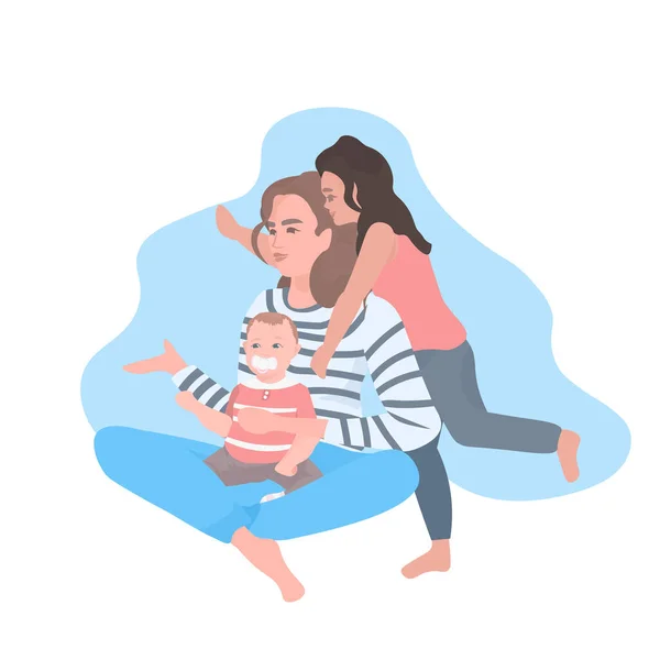 Mor sitter med dotter och lille son lycklig familj tillbringa tid tillsammans full längd — Stock vektor