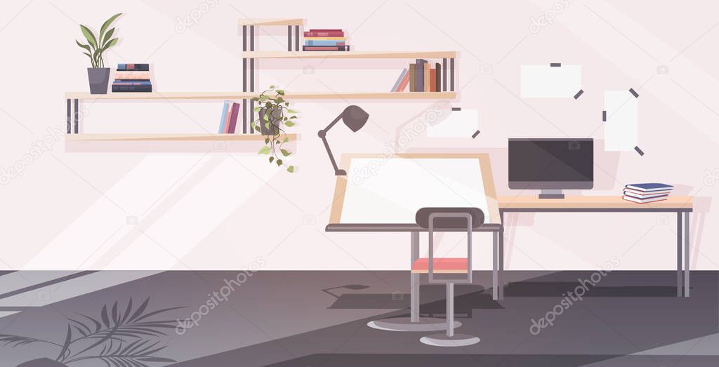 empty architect office with adjustable drawing desk chair and computer workshop engineer room