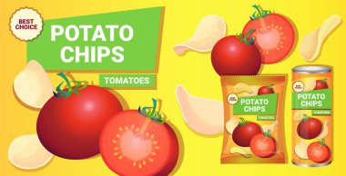 Domates aromalı patates cipsi. Cips, patates ve ambalaj karışımı.